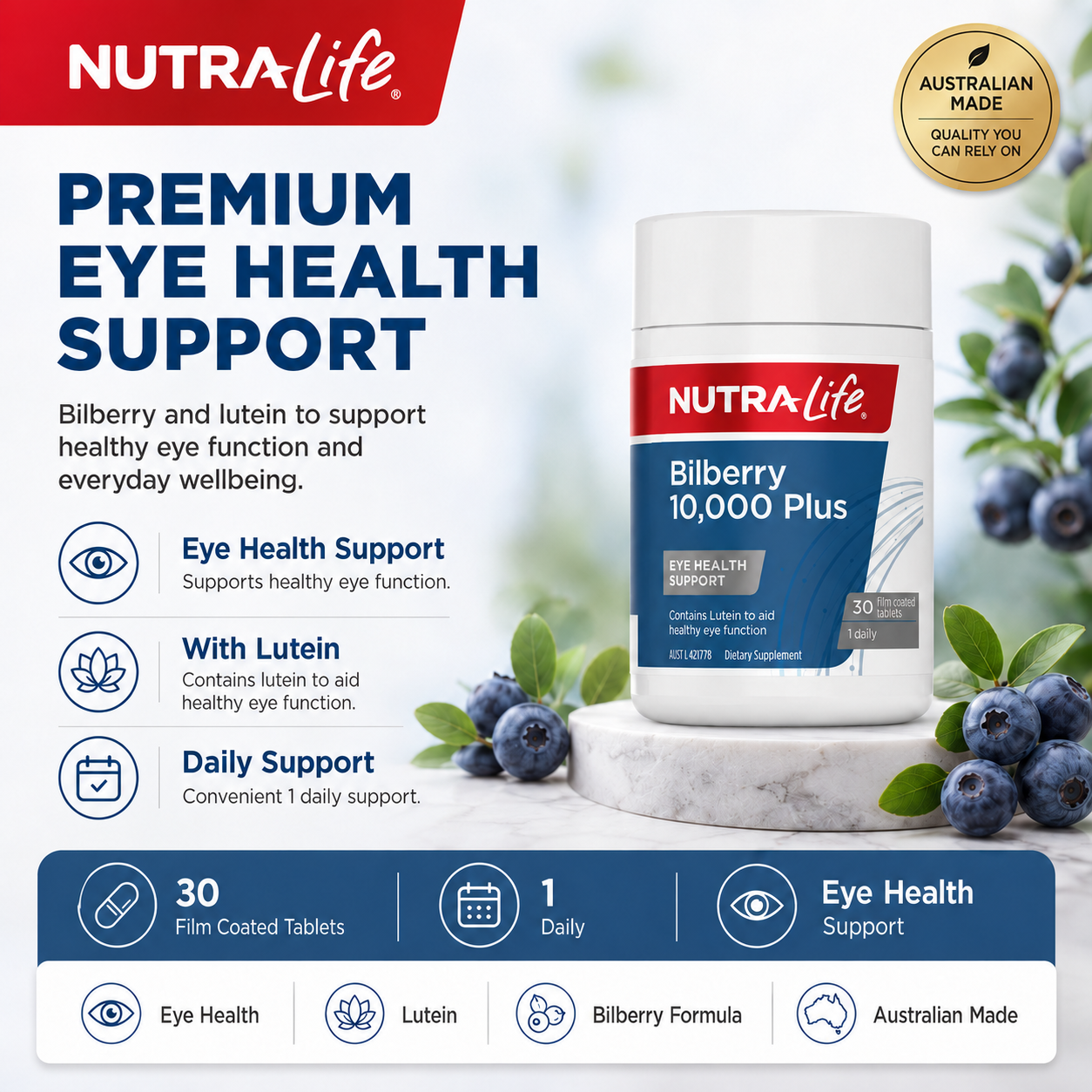 Nutra-Life Bilberry 10,000 Plus Eye Health Support 30Flim Coated Tablets