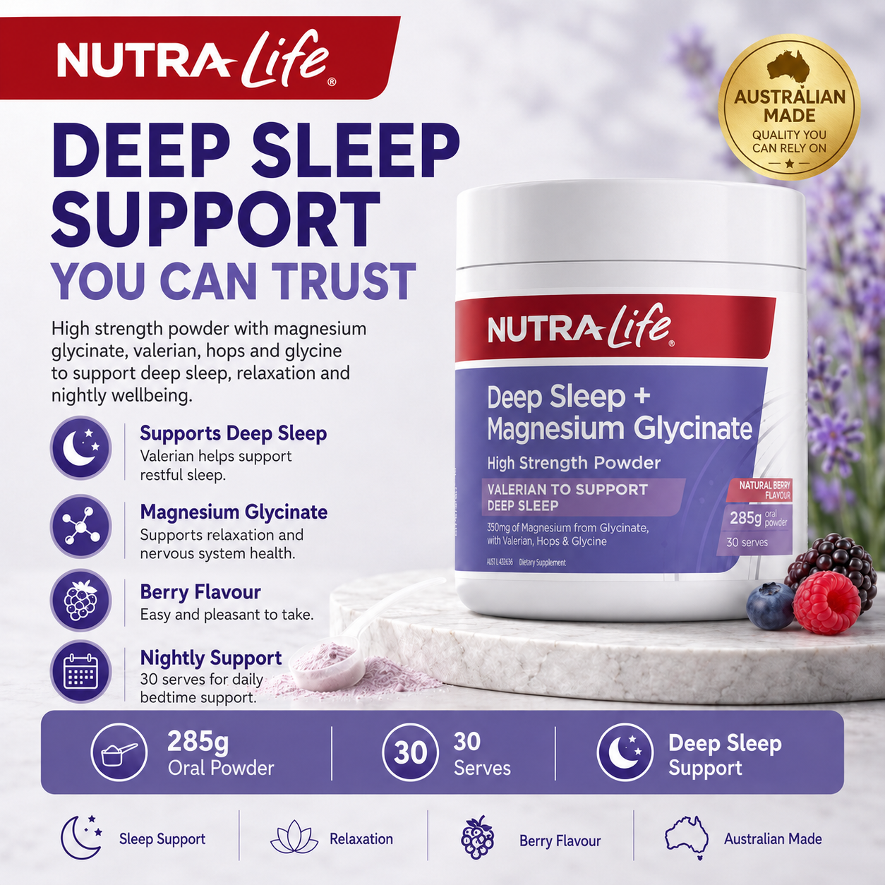 Nutra-Life Deep Sleep + Magnesium Glycinate High Strength Powder 285g Oral Powder (Natural Berry Flavour)