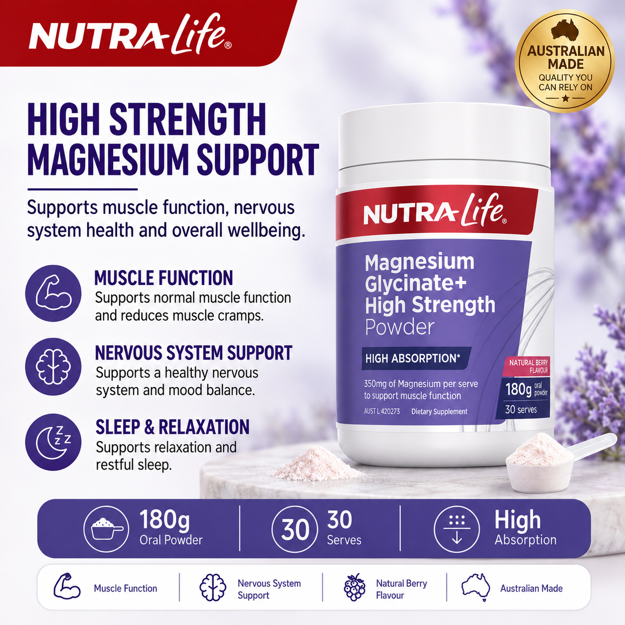 Nutra-Life Magnesium Glycinate+ High Strength Powder 180g Oral Powder (Natural Berry Flavoured)