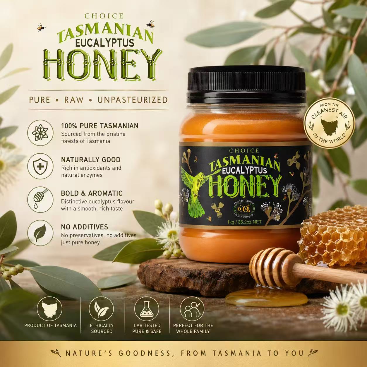 Tasmanian Honey Eucalyptus Plastic Jar 1kg (Not For Sale In WA)