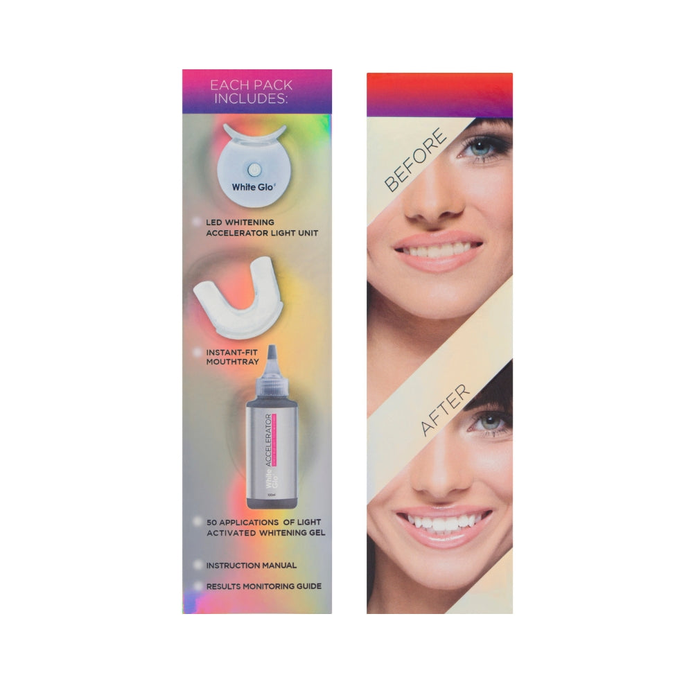White Glo Accelerator LED Teeth Whitening Kit contents including LED whitening accelerator light, instant-fit mouth tray, whitening gel, instruction manual and before and after teeth whitening results.