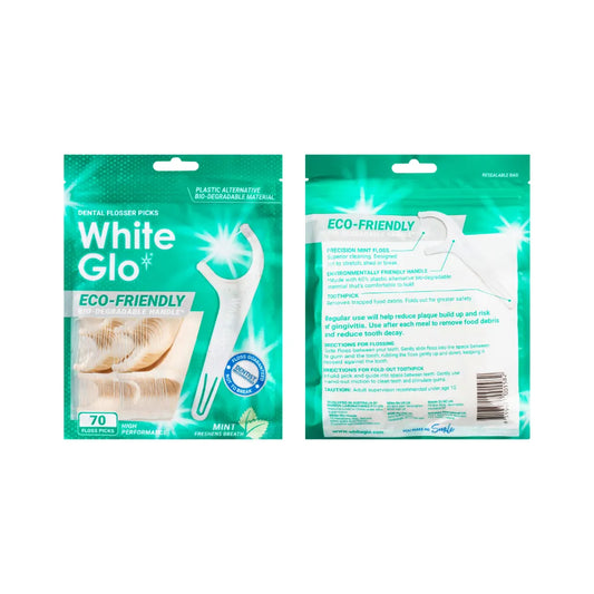 White Glo Dental Flosser Picks Eco- Friendly Bio-Degradable Handle 70 Floss Picks
