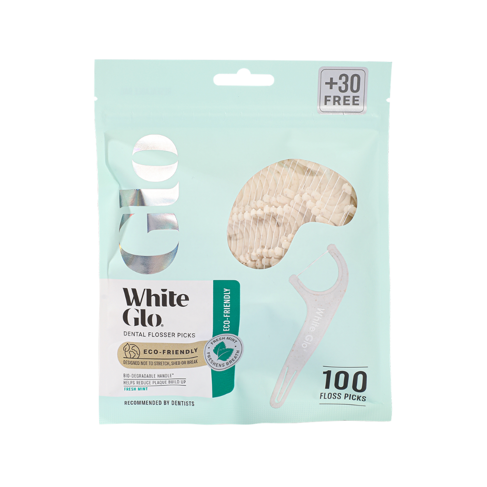 White Glo Dental Flosser Picks Eco-Friendly Bio-Degradable Handle 70 Floss Picks + 30 Free