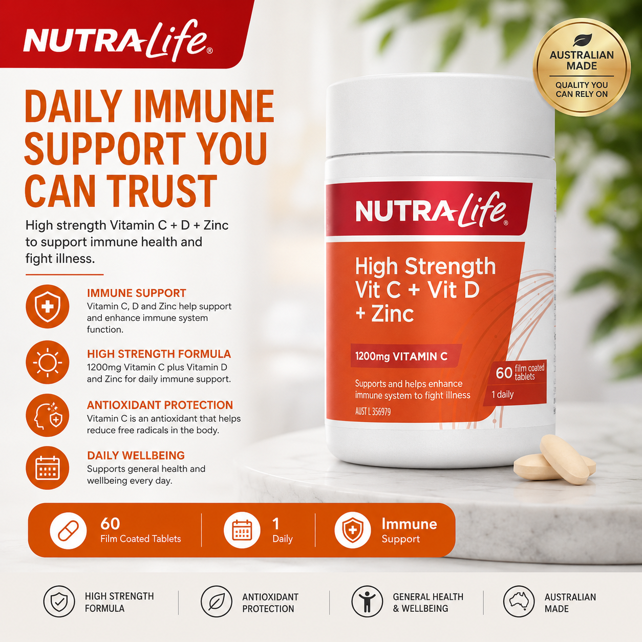 Nutra-Life High Strength Vitamin C 1200 + D + Zinc 60 Tablets