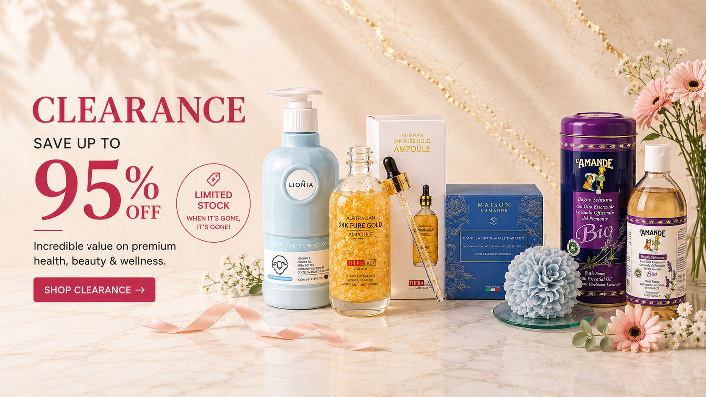 Clearance selection of skincare, wellness and home products including premium lotions, serums, candles and bath products on a luxury marble background.
