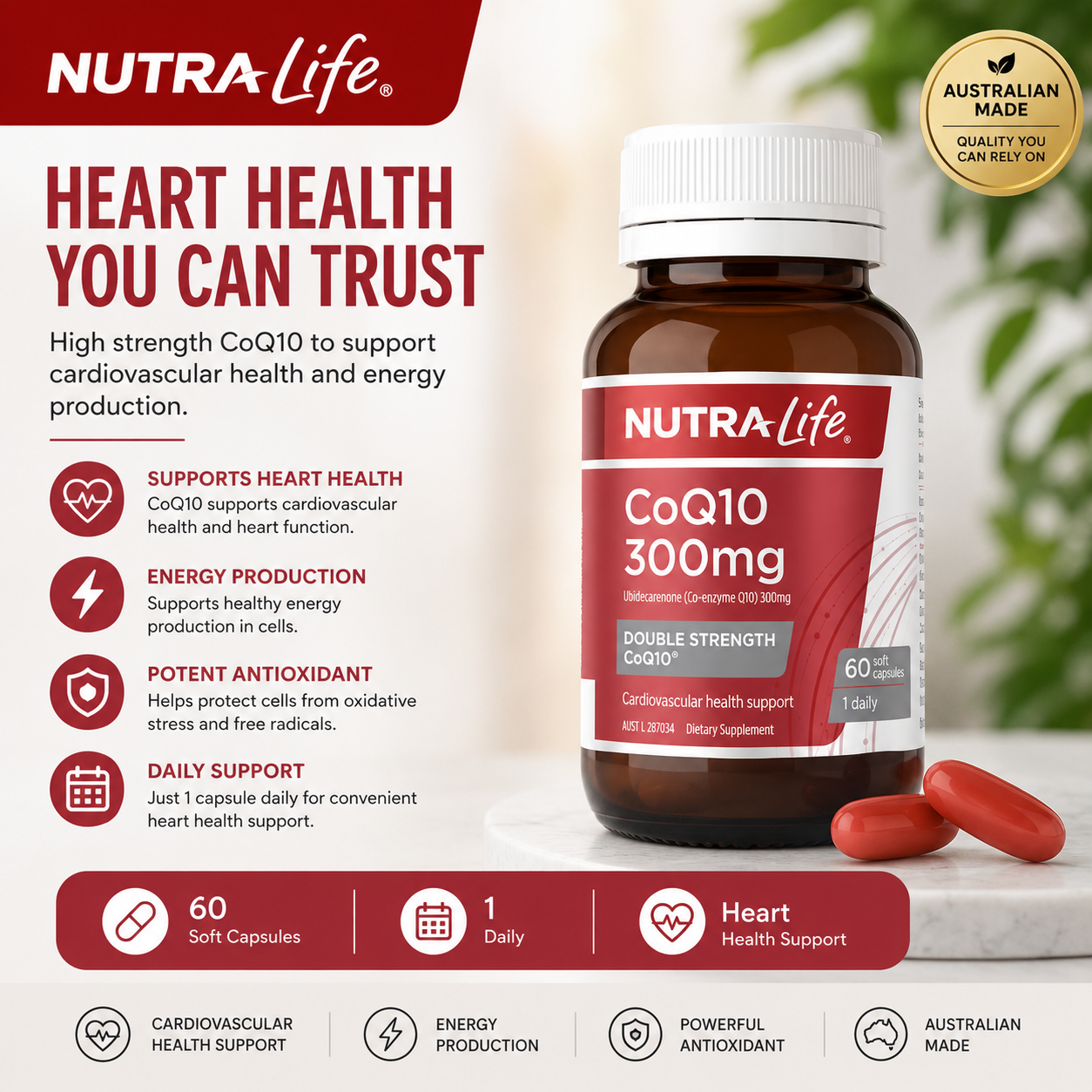 Nutra-Life COQ10 300mg Double Strength CoQ10 60 Soft Capsules