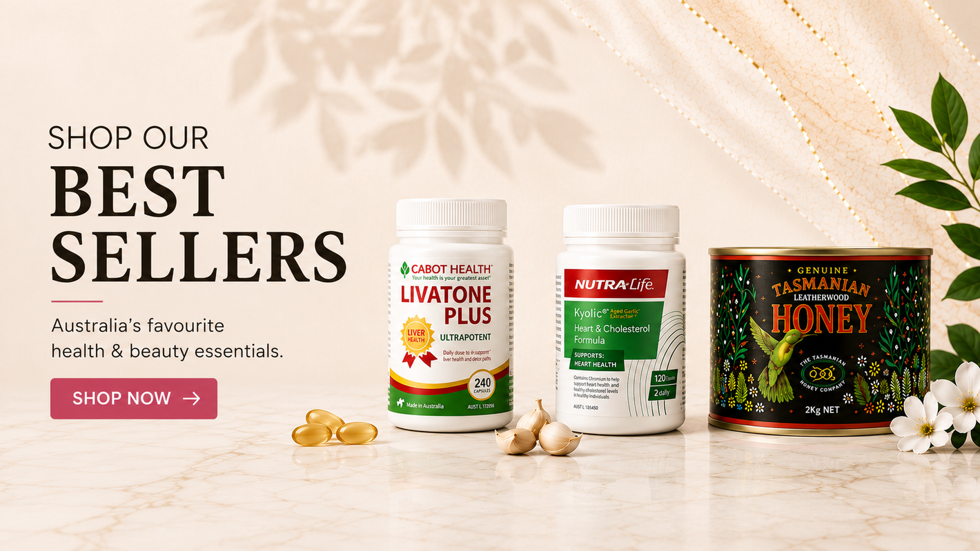 Best-selling health, beauty and wellness products including supplements and Tasmanian Leatherwood Honey displayed on a premium marble background.