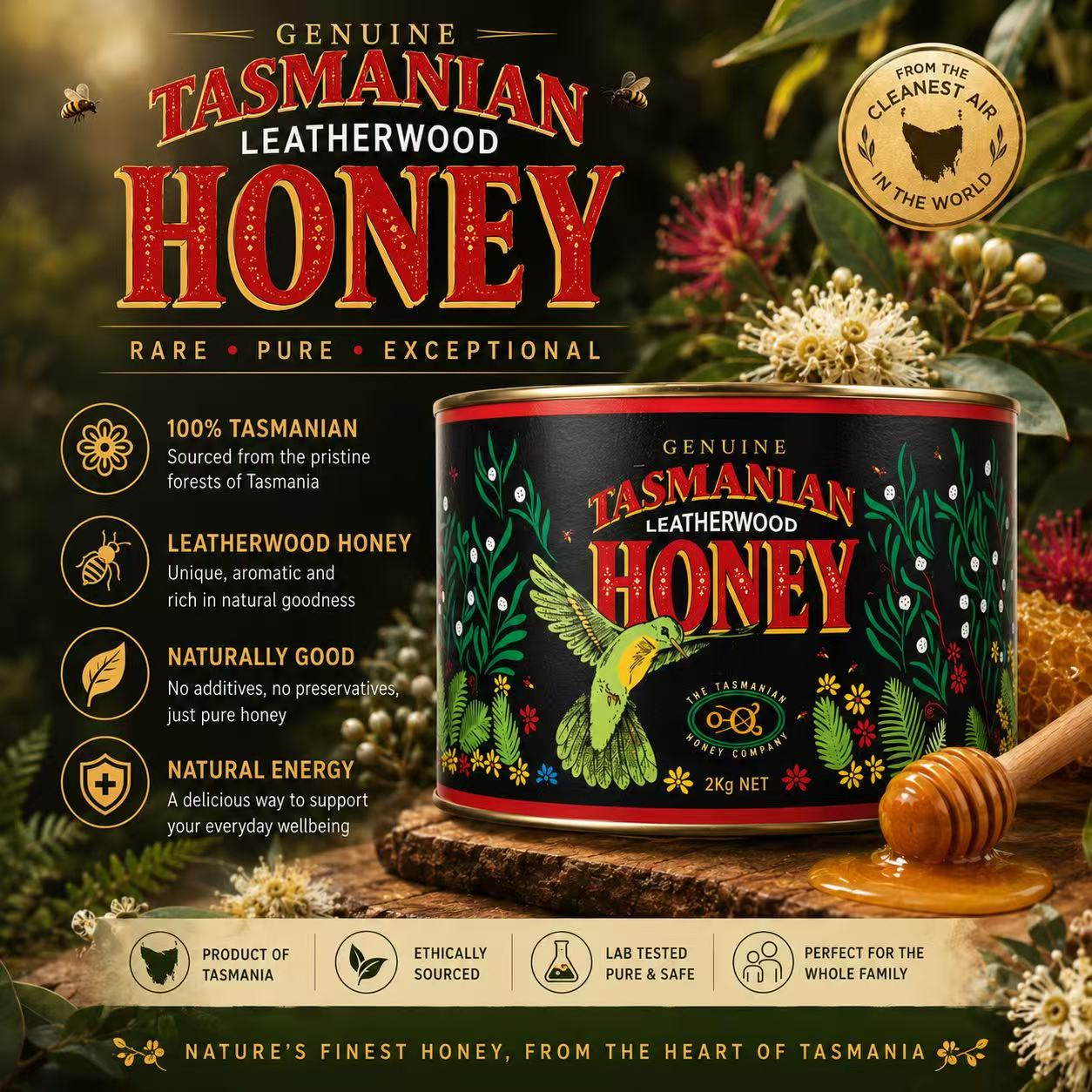 Tasmanian Honey Leatherwood Metal Can 2kg (Not For Sale In WA)(Clearance)