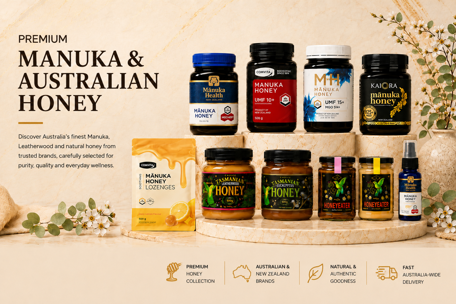 Premium Manuka and Australian honey collection featuring trusted honey brands, lozenges and honey spray displayed on marble stands, with floral accents and fast Australia-wide delivery highlights.