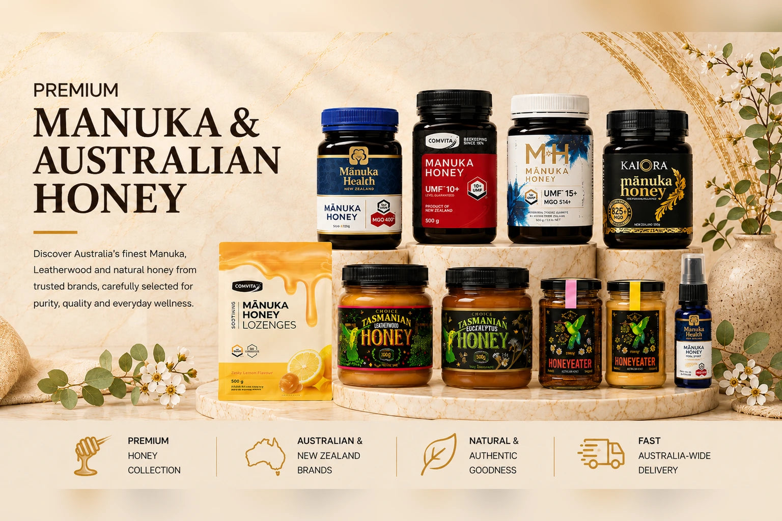 Premium Manuka and Australian honey collection featuring trusted honey brands, lozenges and honey spray displayed on marble stands, with floral accents and fast Australia-wide delivery highlights.